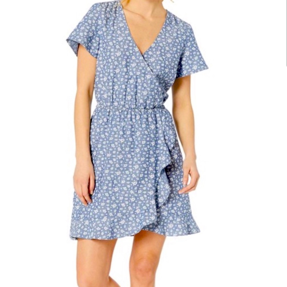 J.Crew Factory Floral Chambray ruffle faux-wrap dress